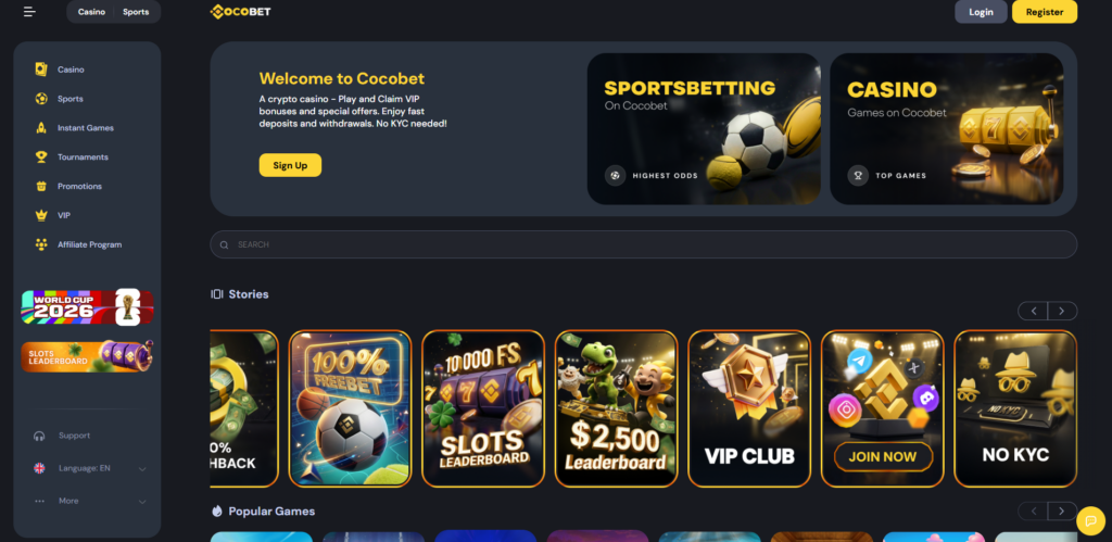 CocoBet non GamStop crypto casino homepage showing game lobby